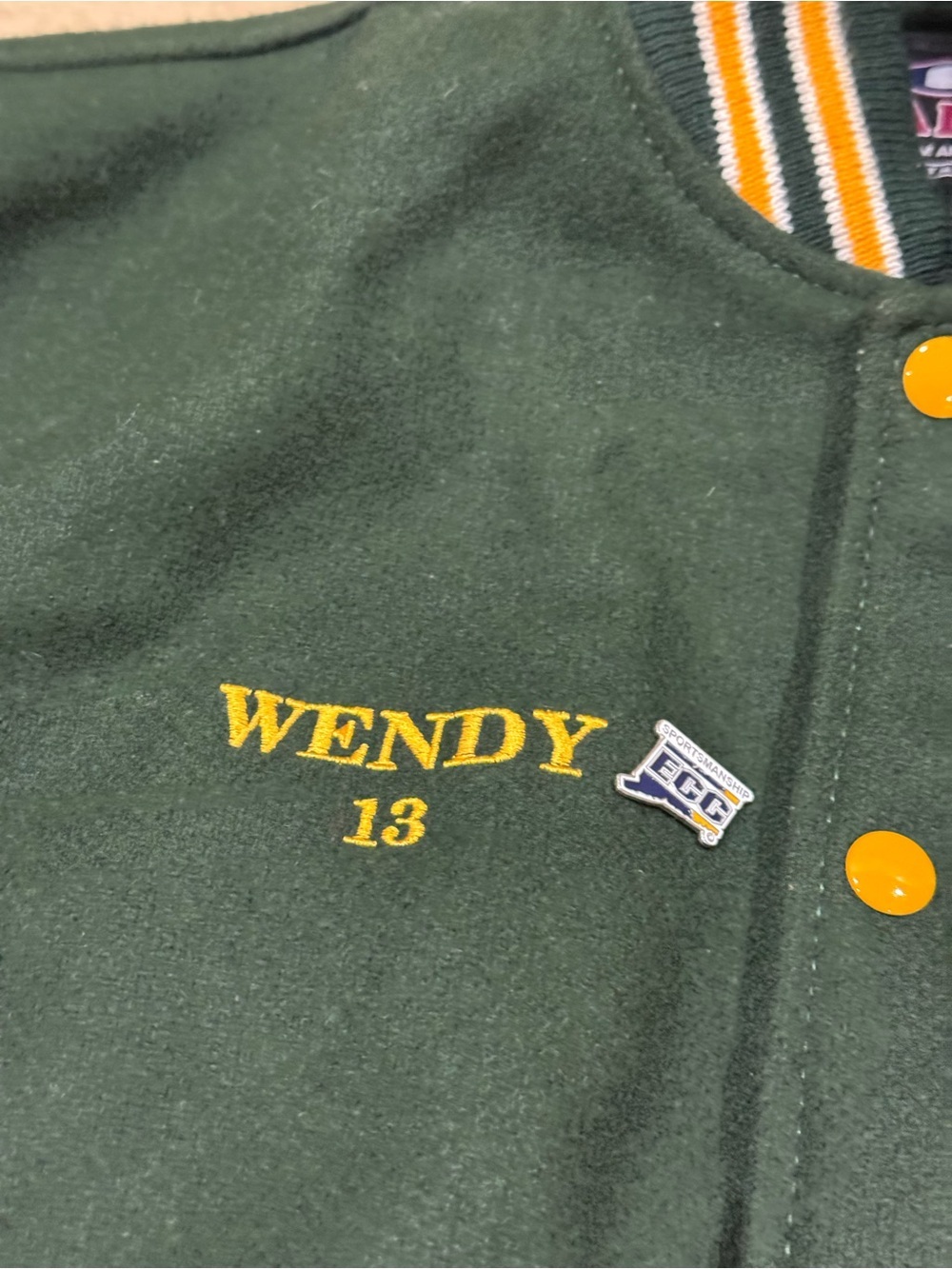 Letterman Jacket Green and Yellow With Leather Sleeves Size Small - Picture 2 of 6